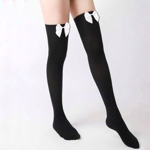 New White Bow Black Over the Knee High Tights